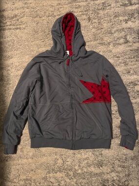 Men's Gray Hooded Zip Jacket with Red Star Accent